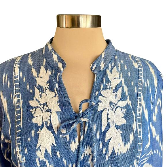 Reba Blue White Ikat Print Floral Embroidered Boho Top MEDIUM Peplum Western - Picture 2 of 10